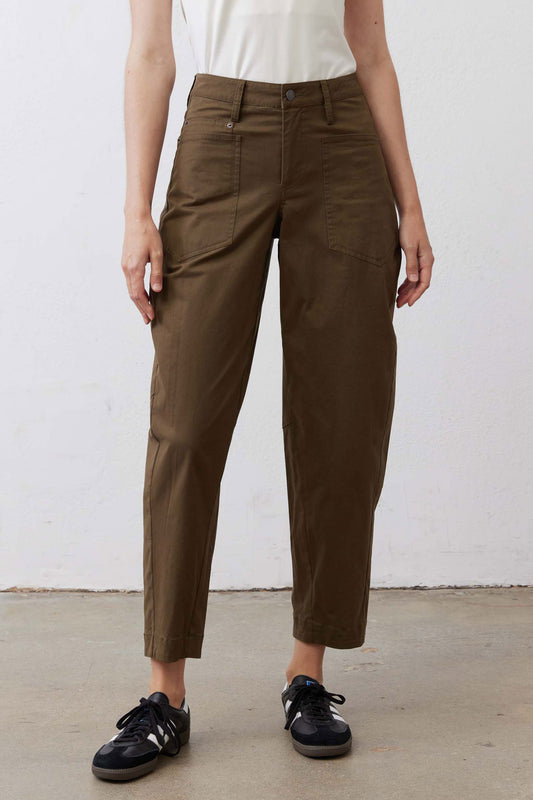Olive twill pants, relaxed fit with front fly and belt loops, ankle cuff