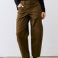 Olive slouchy twill pants with elastic waist, front pockets, cuffed ankle length