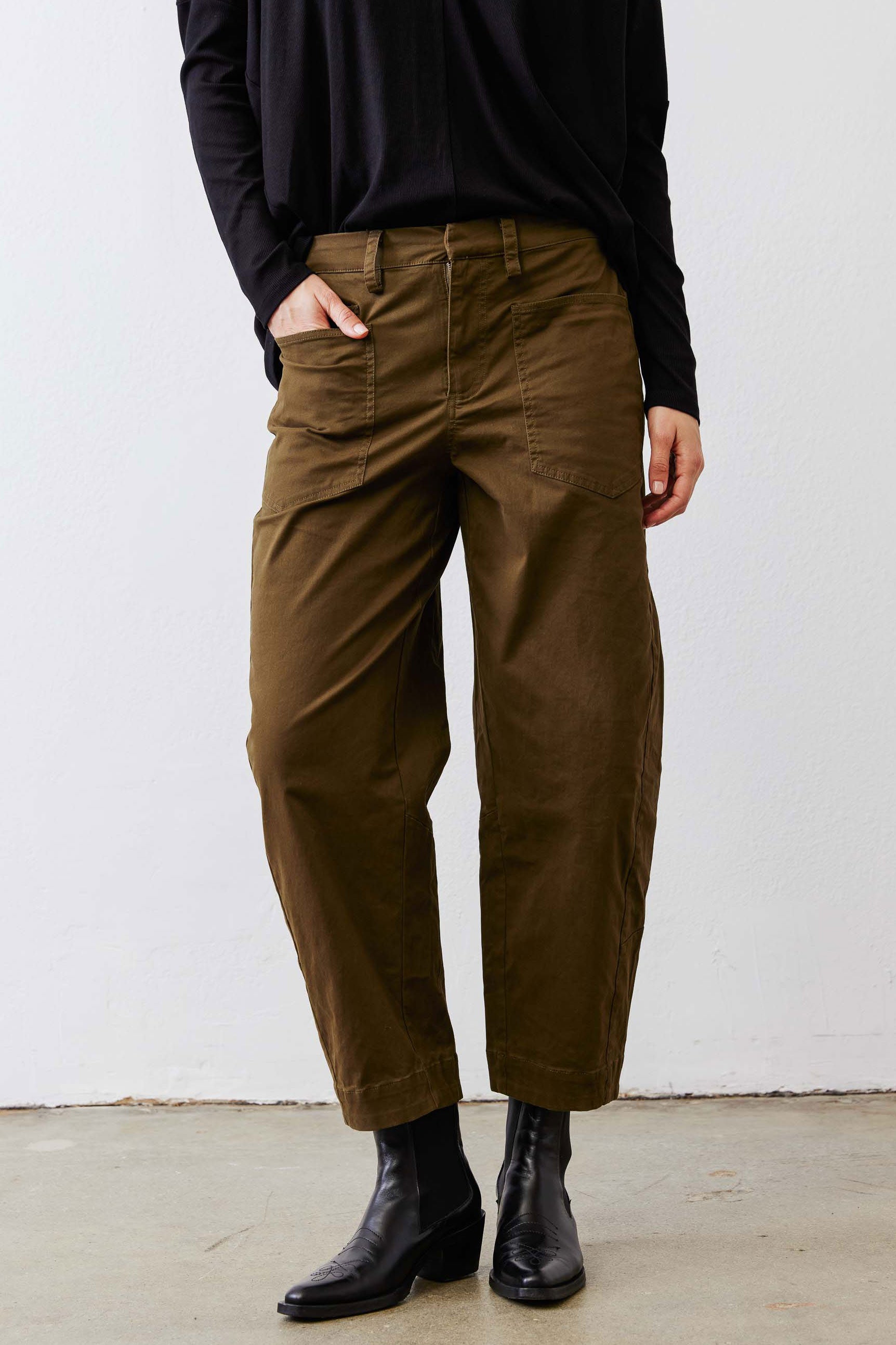 Olive slouchy twill pants with elastic waist, front pockets, cuffed ankle length