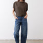 Olive short sleeve top with loose fit and round neck, side view