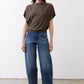 Olive short sleeve top with loose drape and crew neck, front view