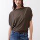 Olive short sleeve top with draped front and crew neck