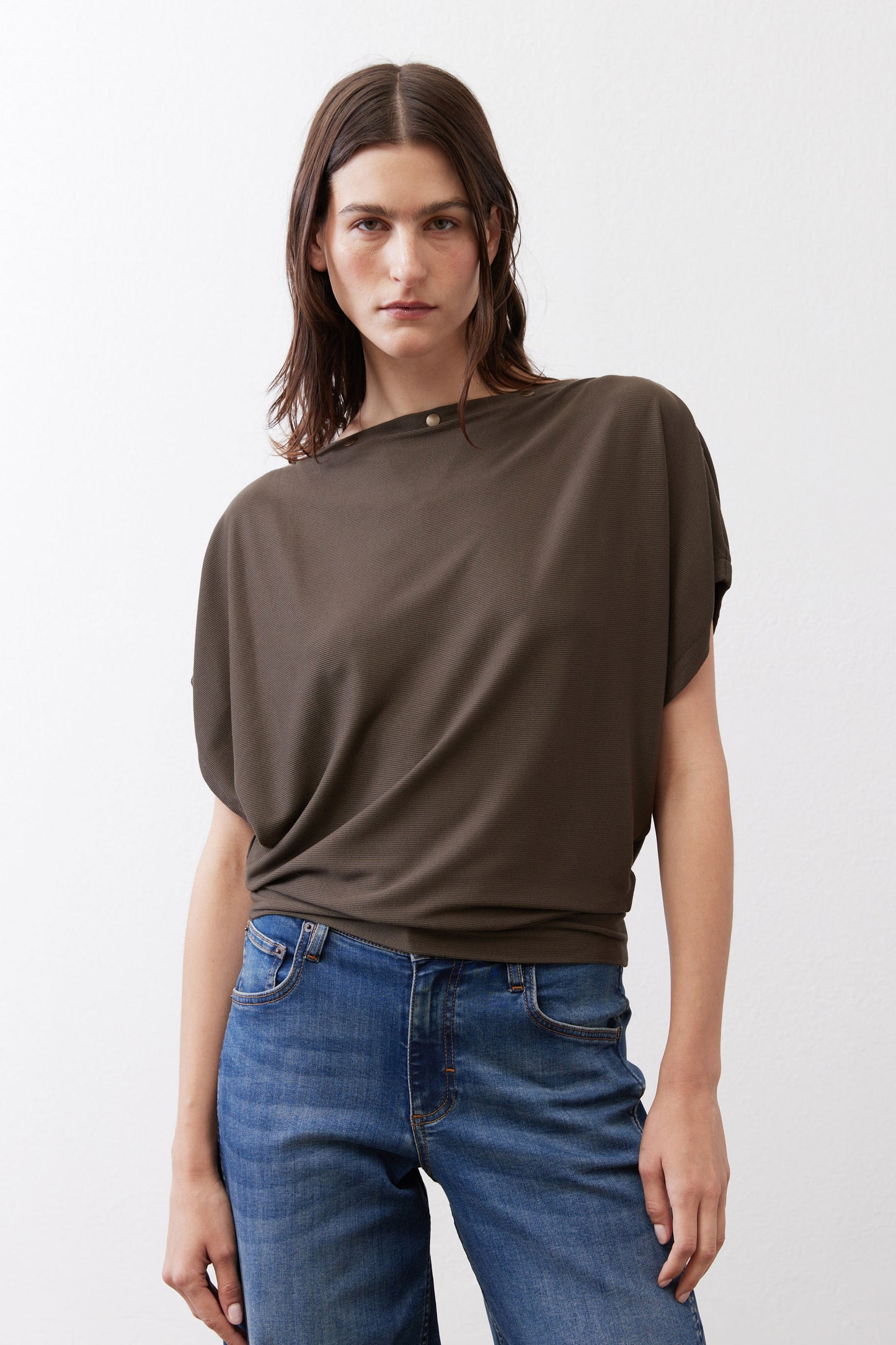 Olive short sleeve top with draped front and crew neck