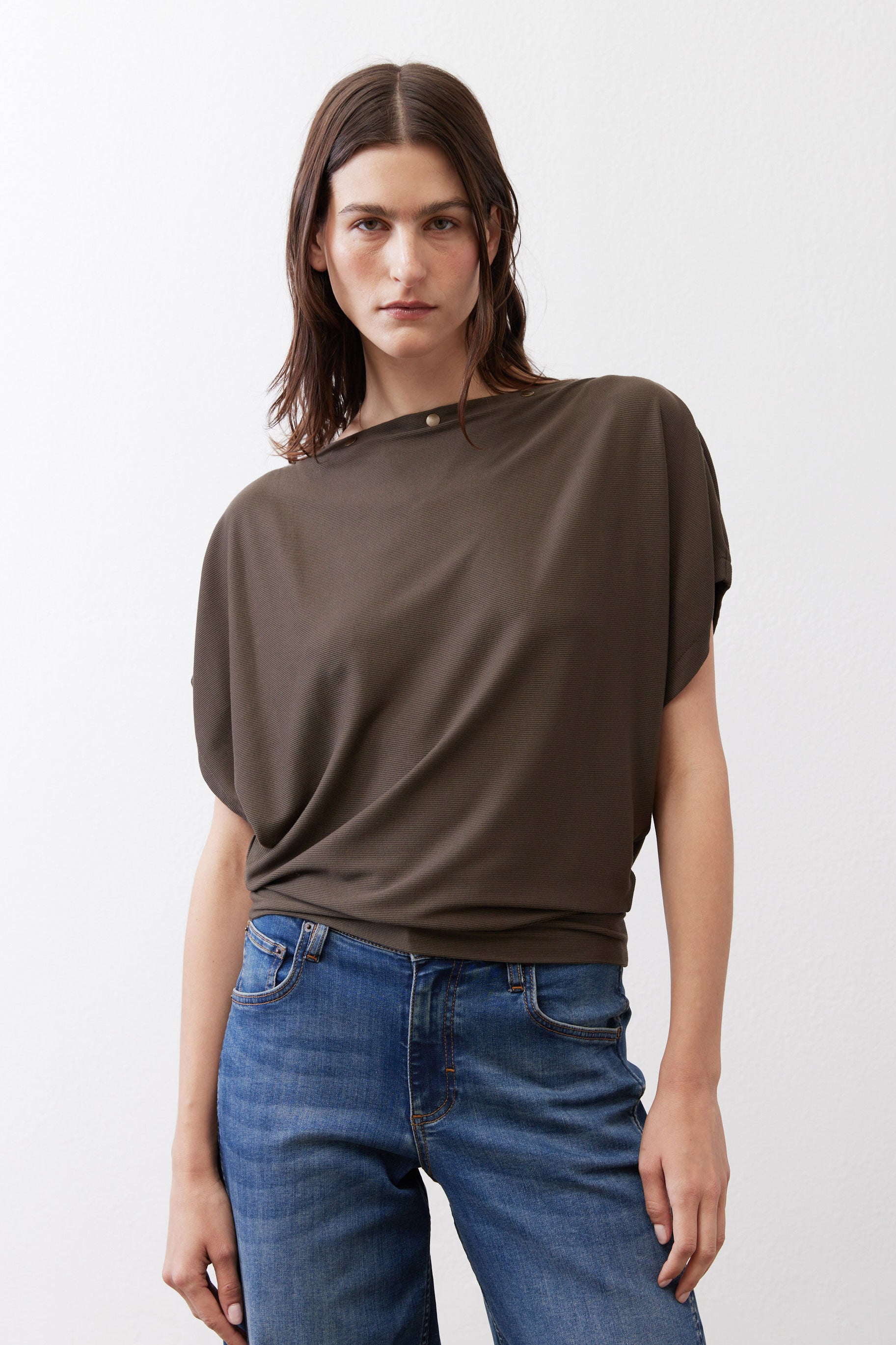 Olive short sleeve top with draped front and crew neck