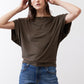 Olive short sleeve top with draped silhouette and crew neckline