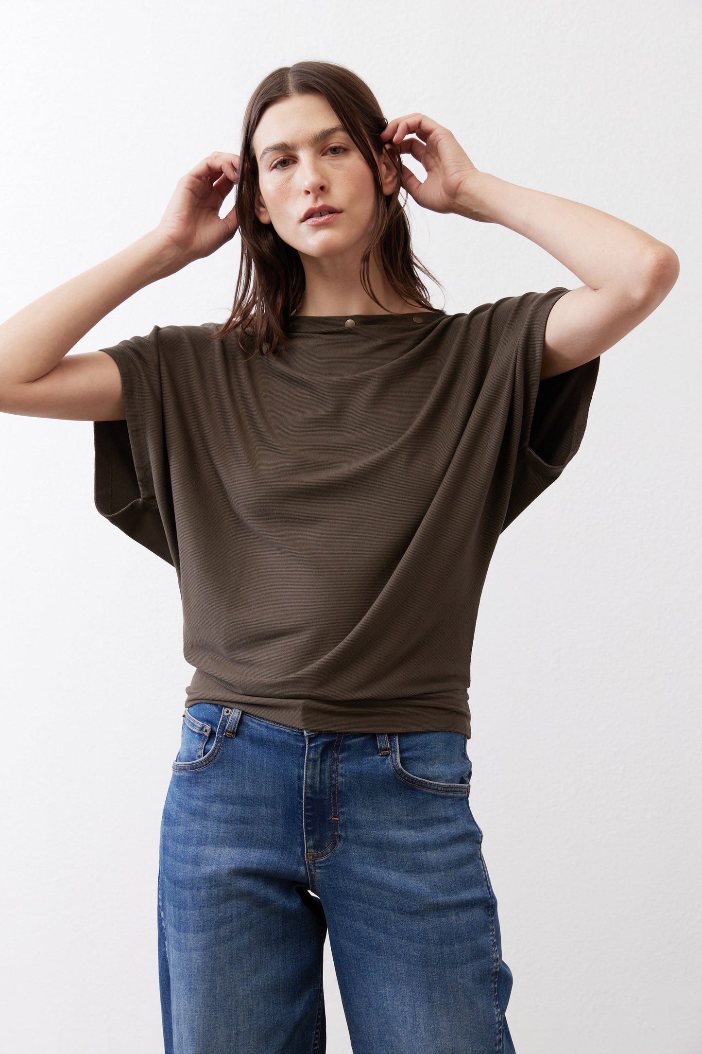 Olive short sleeve top with draped silhouette and crew neckline