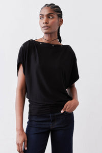 Black short-sleeve top with crew neck and loose, draped body