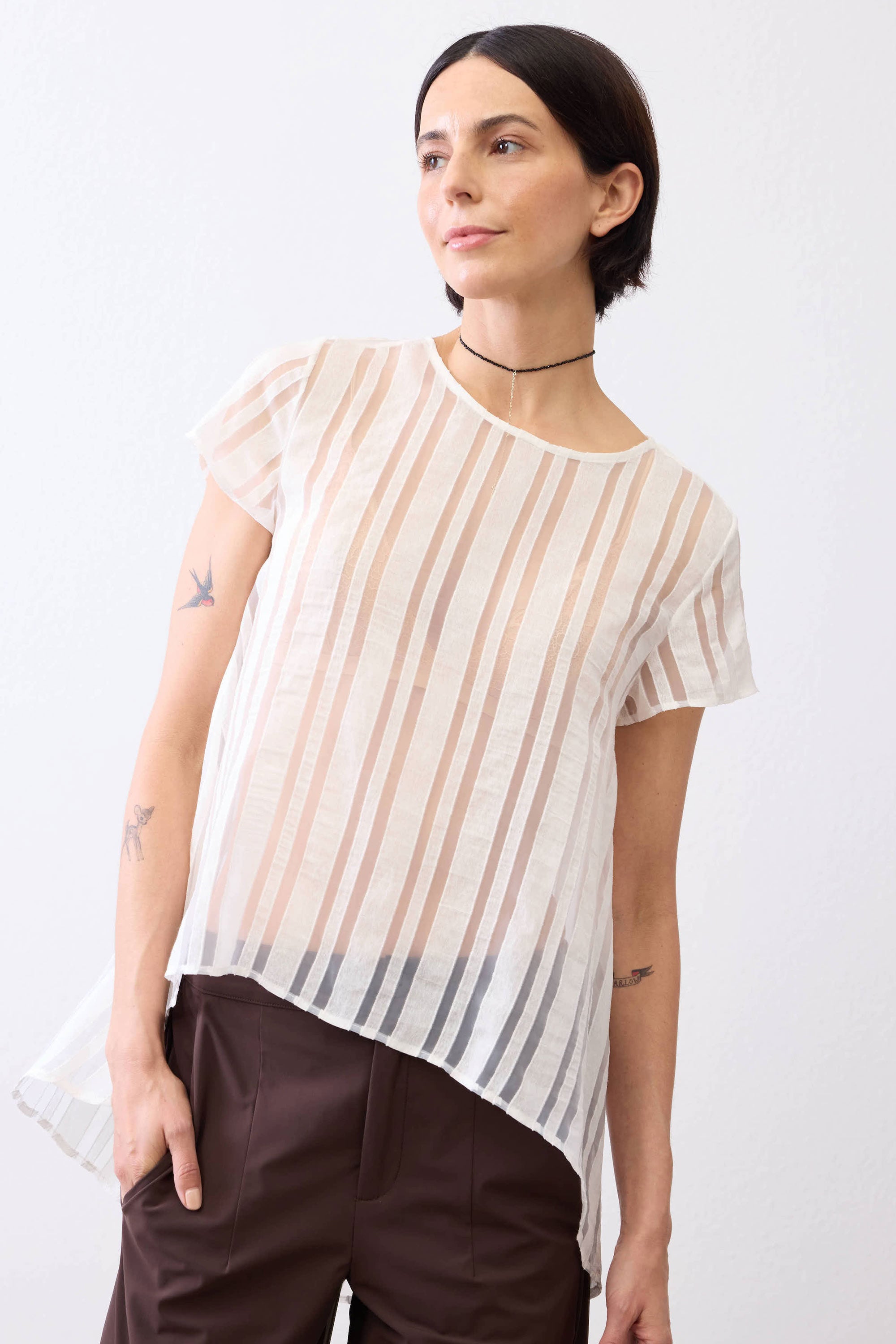Stripe Sheer Summery High-Low Top | White – Ruti Stripe Sheer Summery High-Low Top | White – Ruti