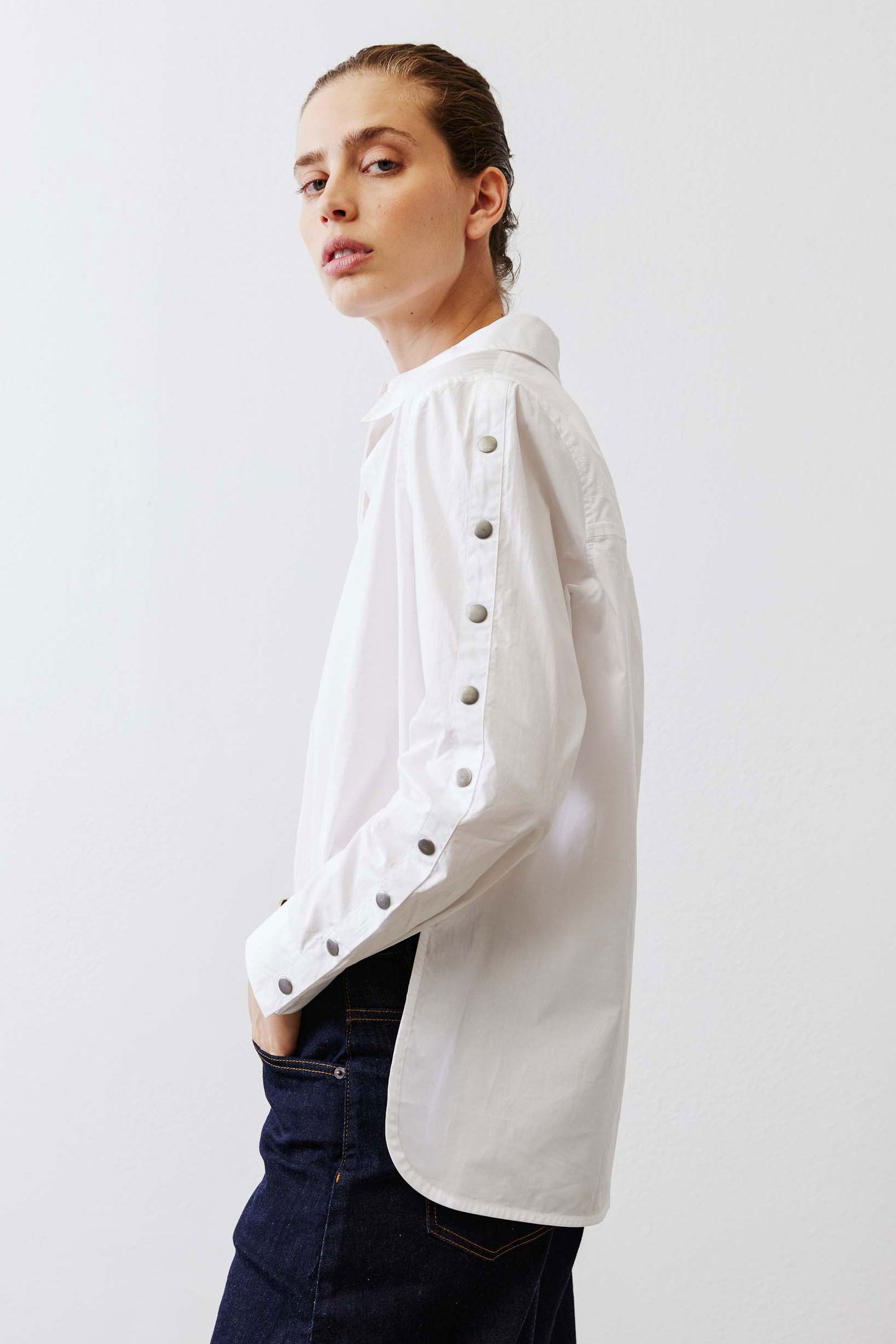 Studded Sleeve Button Down Blouse