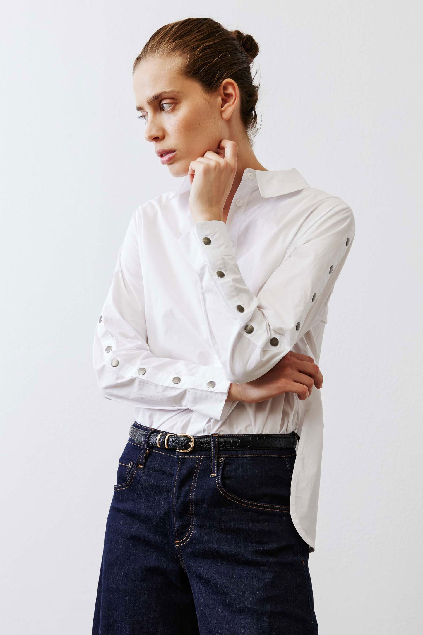 Studded Sleeve Button Down Blouse