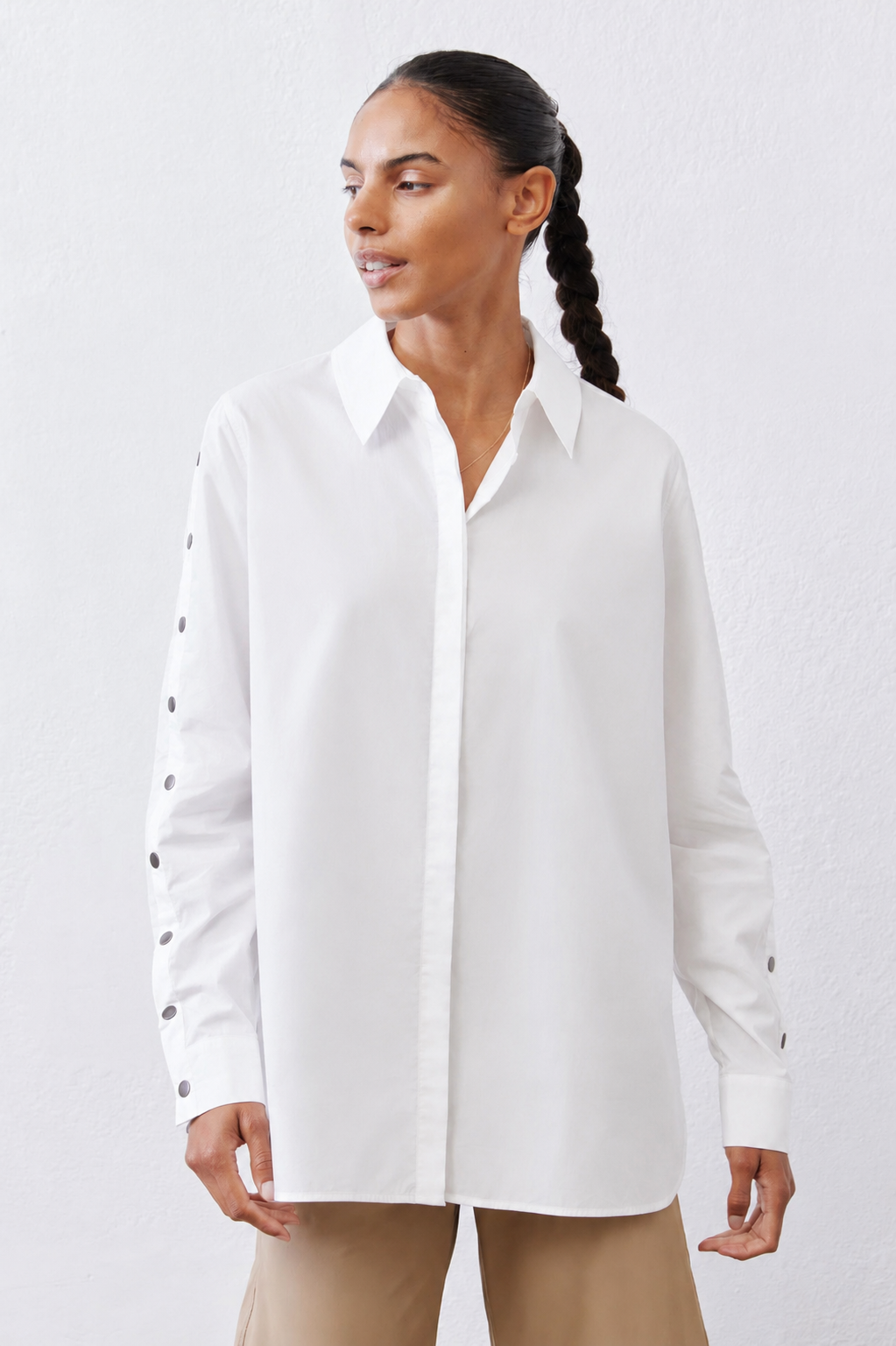 Studded Sleeve Button Down Blouse