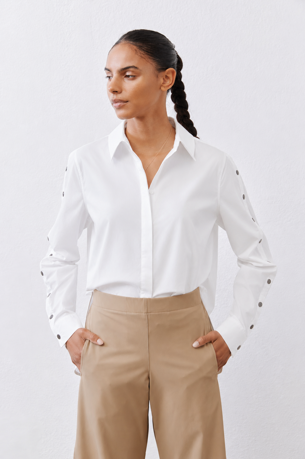 Studded Sleeve Button Down Blouse