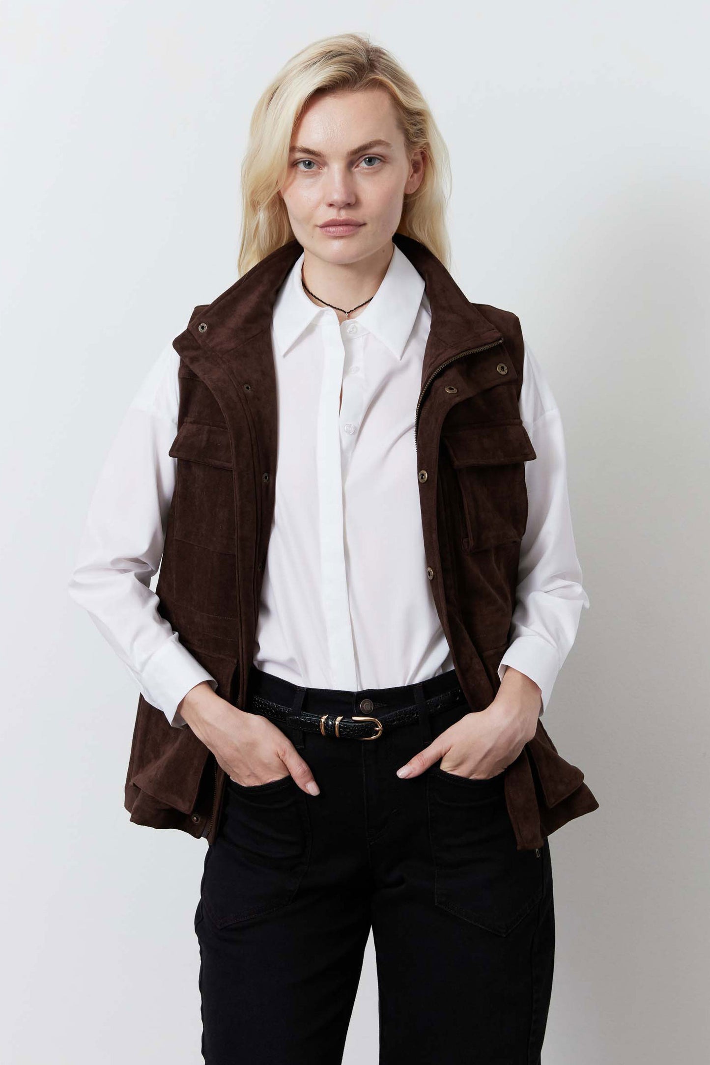 Long Vegan Suede Cargo Vest