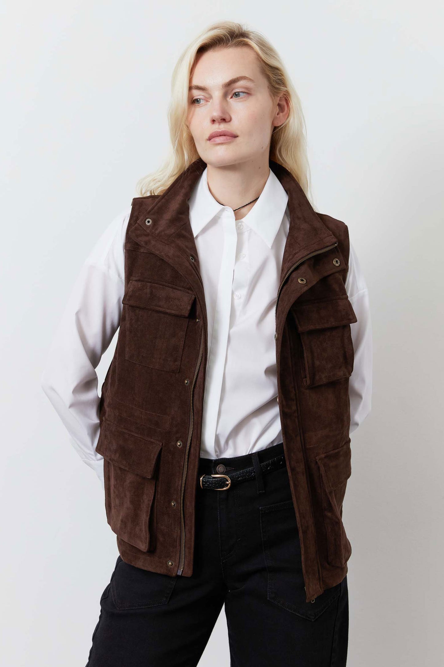 Long Vegan Suede Cargo Vest
