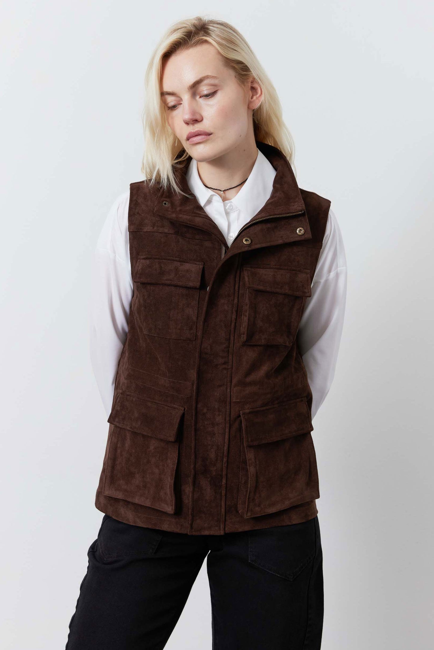Long Vegan Suede Cargo Vest