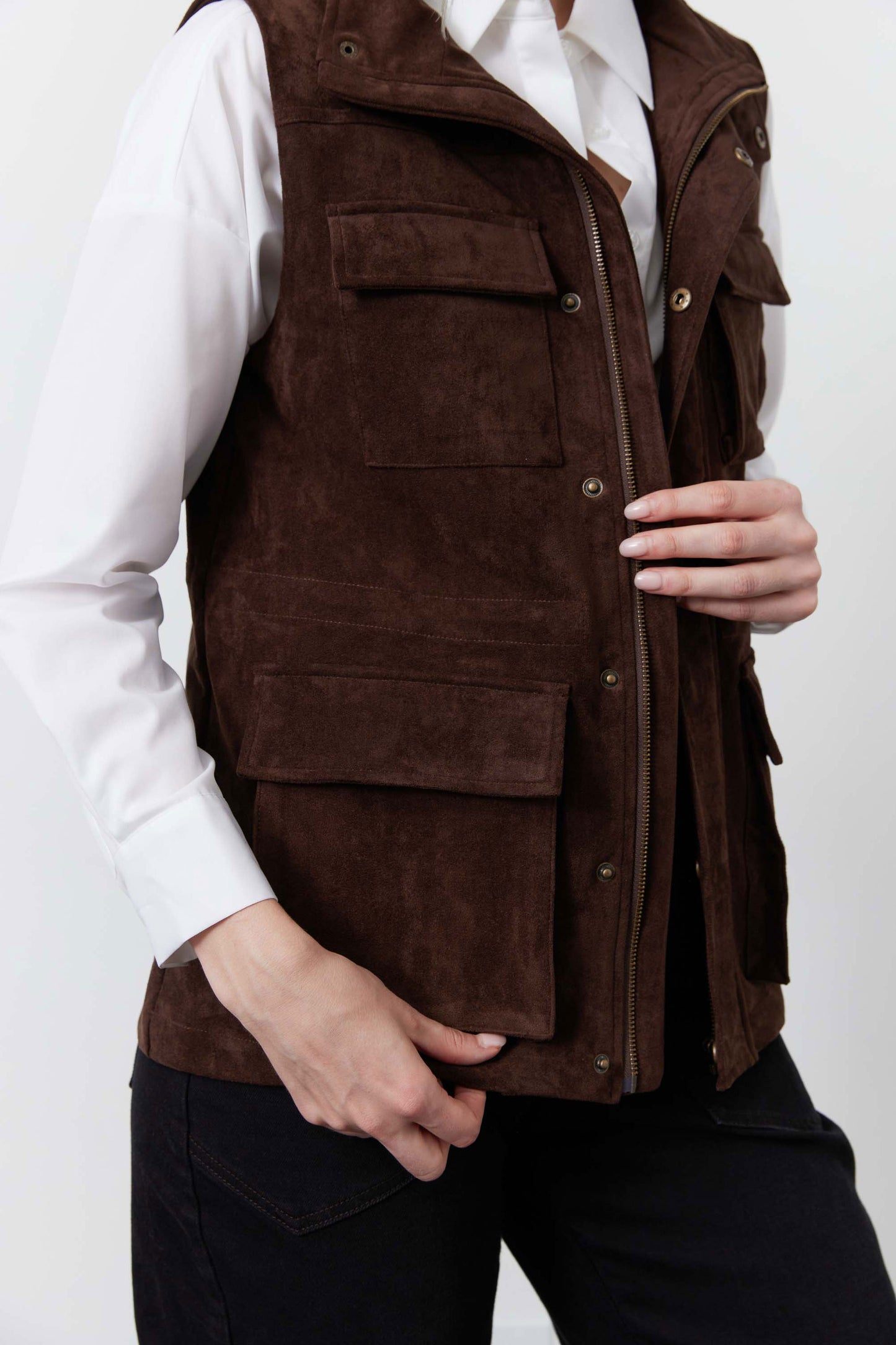Long Vegan Suede Cargo Vest