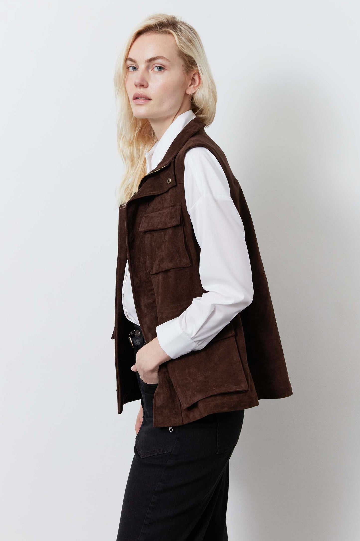 Long Vegan Suede Cargo Vest