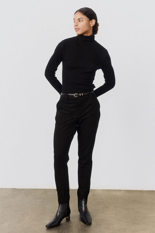 Black suede comfort trouser with slim leg and belt detail, full length view