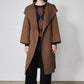 Dark taupe oversized wool coat with notched collar and button front, long sleeves