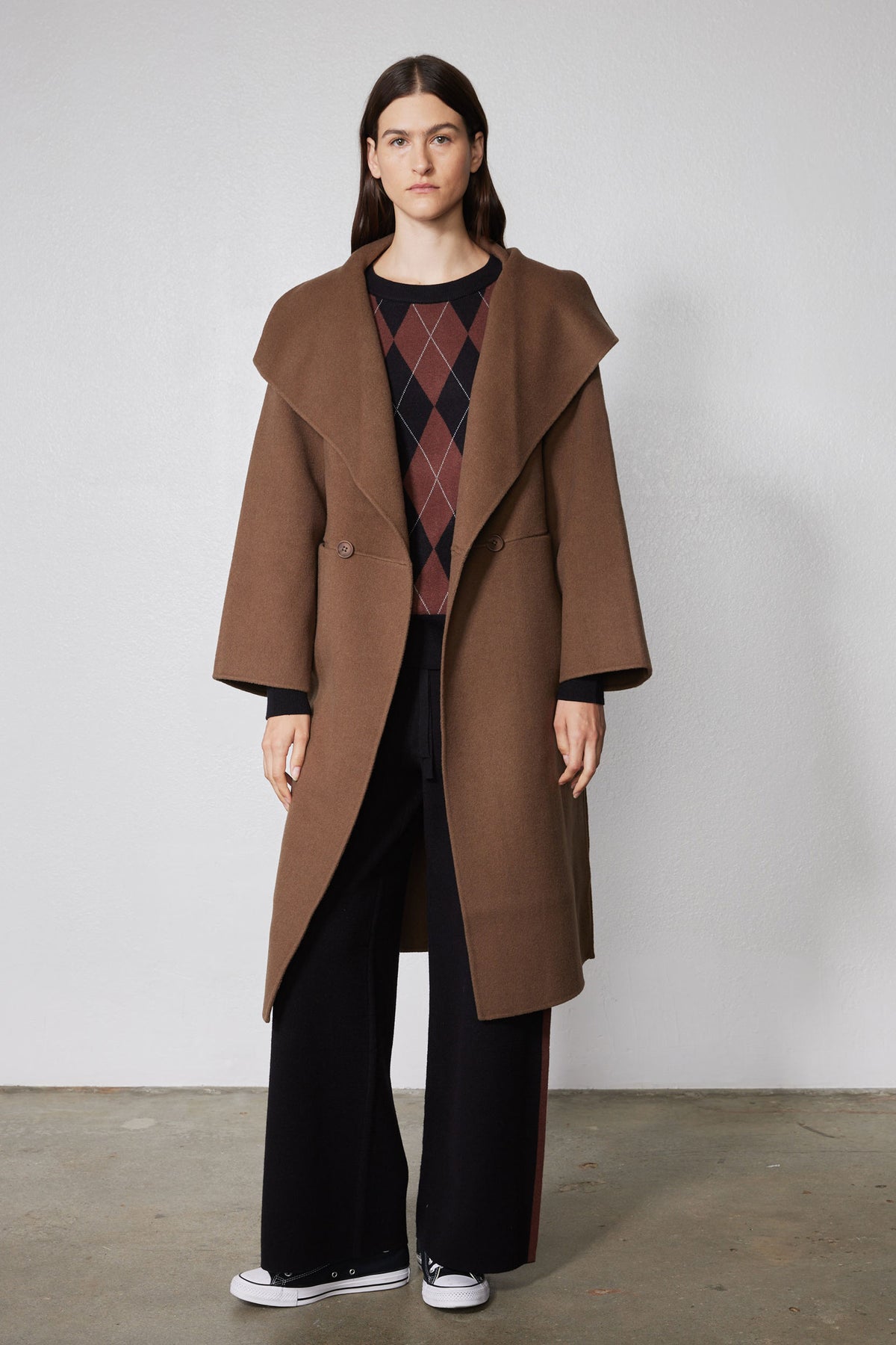Dark taupe oversized wool coat with notched collar and button front, long sleeves