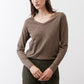 Swing V-neck top in brown with long sleeves and draped V neckline
