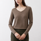 Taupe V-neck long-sleeve swing top, front view, draped relaxed fit