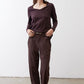 Coffee-brown V-neck long-sleeve swing top, relaxed fit and straight hem