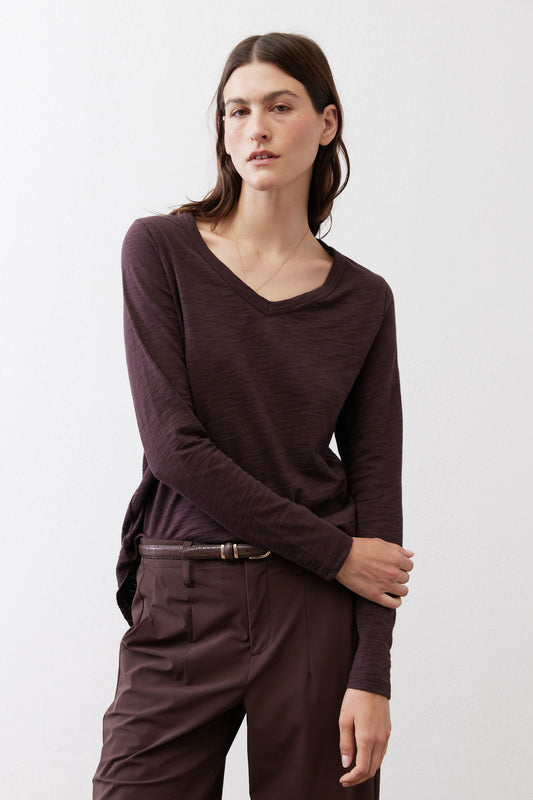 Coffee-brown long-sleeve V-neck swing top with draped side fold