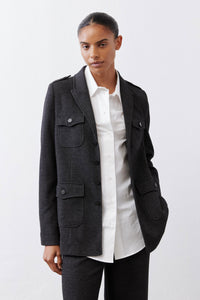 Charcoal herringbone blazer with two flap pockets and button details