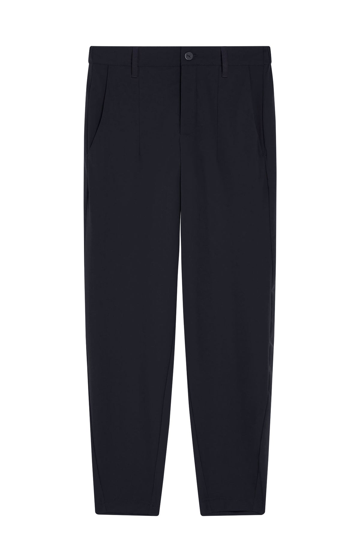 Black tapered pants with button closure and clean flat front.