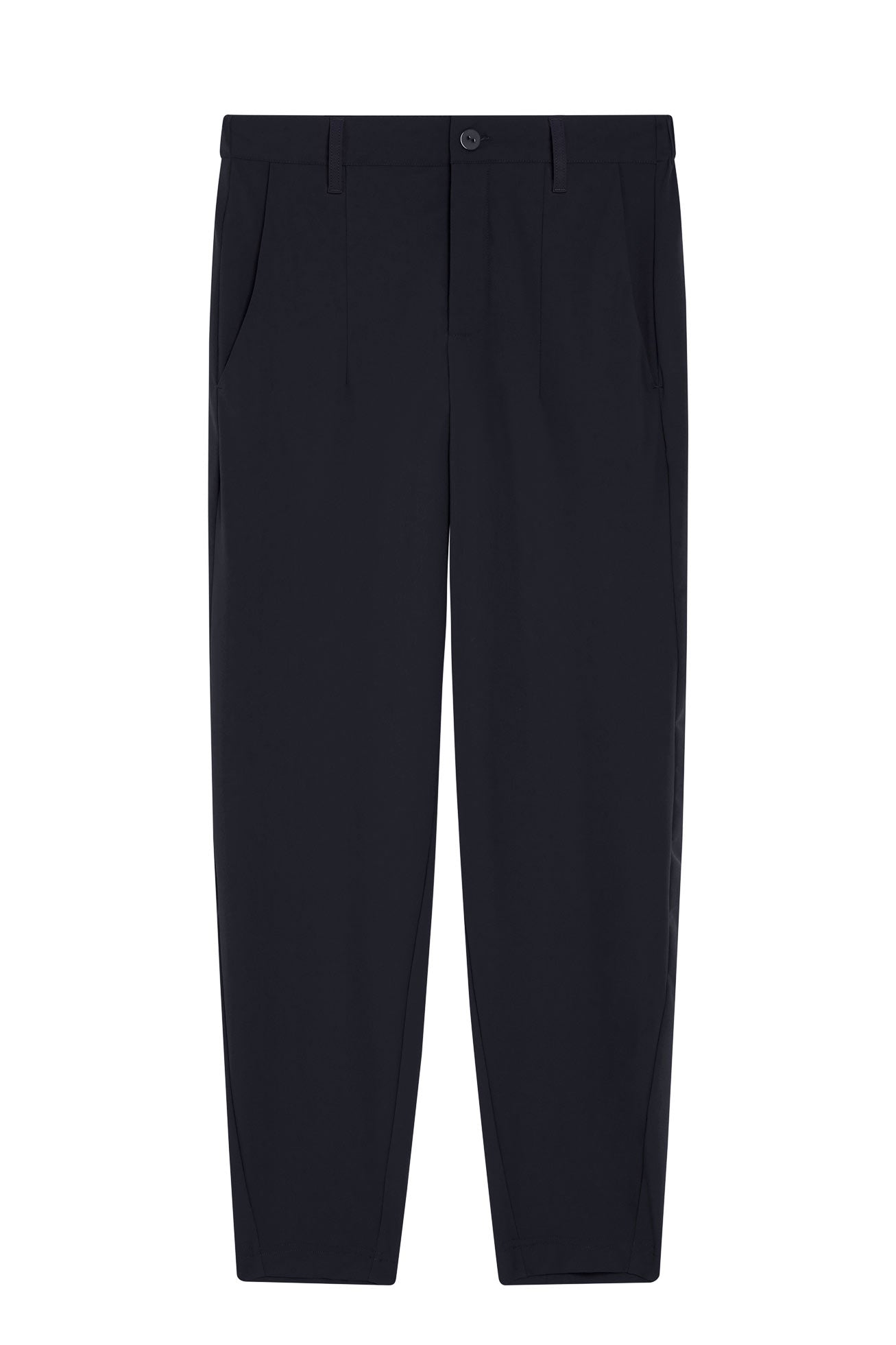 Black not-too-tapered pants with belt loops and button-front