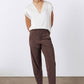 Coffee-brown tapered pants with belt loops and fly front
