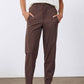 Coffee-brown tapered pants with front pleats and belt loops