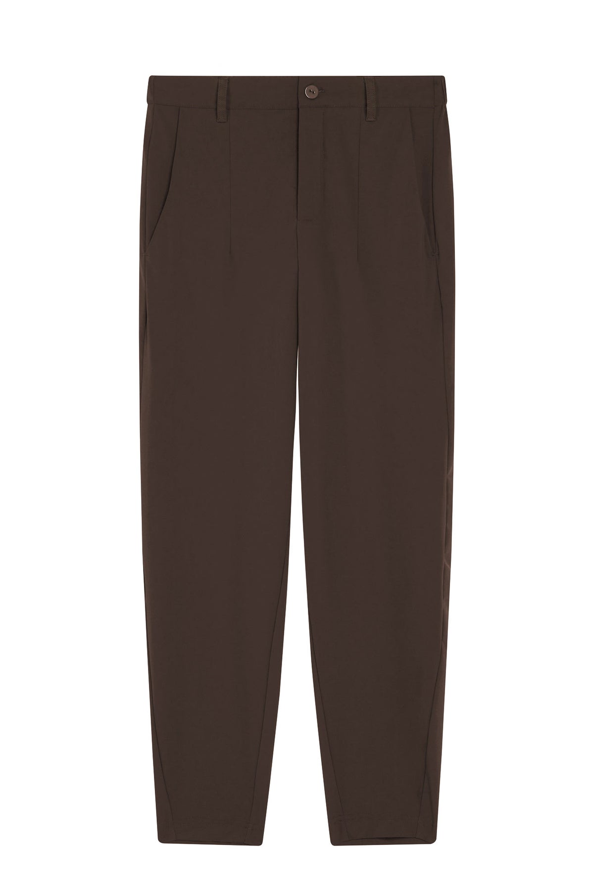 Coffee-brown trousers, not-too-tapered fit, front button closure and pleated front