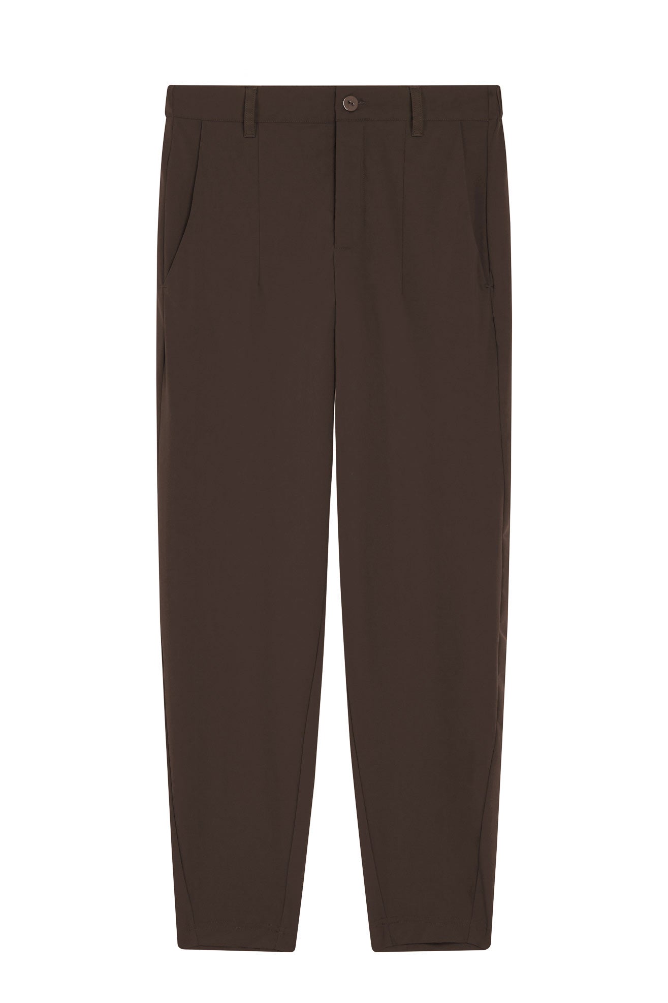 Coffee-brown trousers with button fly and belt loops