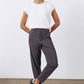 Graphite tapered pants with button-zip closure and belt loops, ankle length