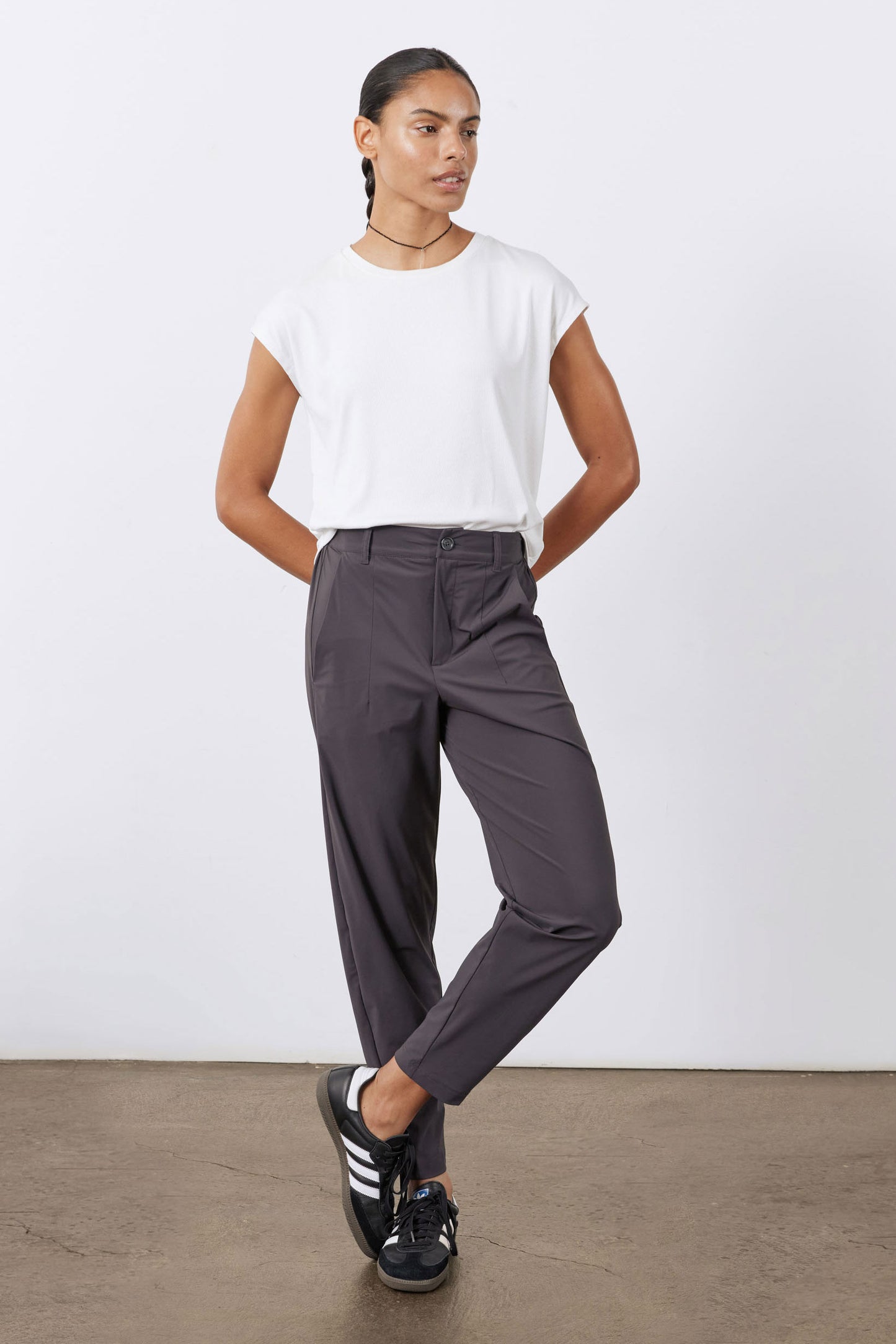 Graphite tapered pants with button-zip closure and belt loops, ankle length
