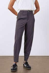 Graphite not-tapered pants with button waist, belt loops, and straight-to-slight taper