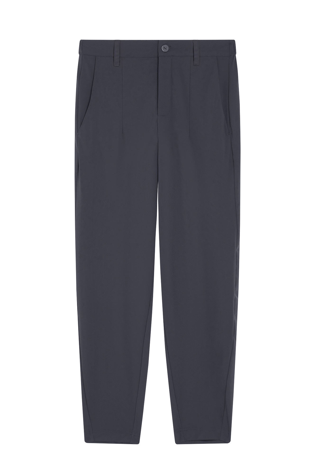 Graphite flat-front pants with belt loops and button closure