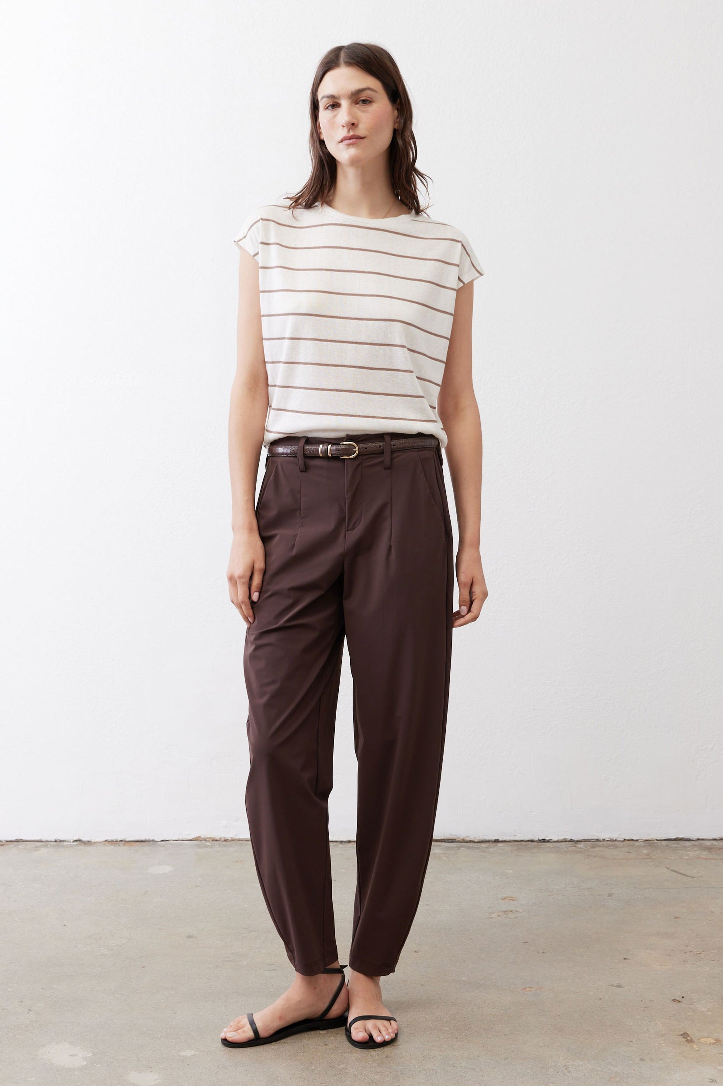 Striped crew-neck Tuck-In Tee in off-white with brown horizontal stripes, short sleeves.