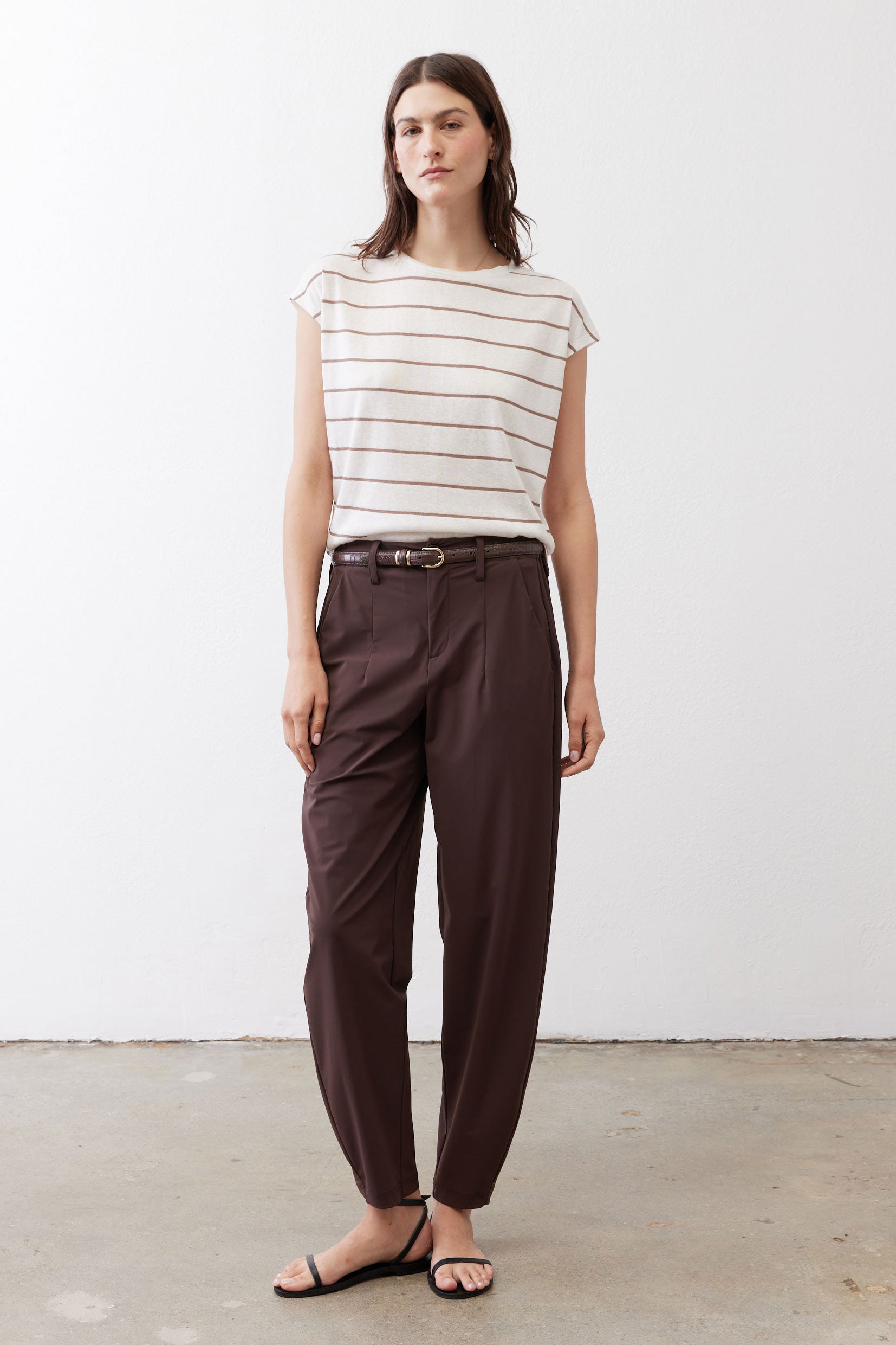 Striped crew-neck Tuck-In Tee in off-white with brown horizontal stripes, short sleeves.