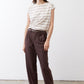 Striped crew-neck T-shirt with off-white fabric and brown horizontal stripes, short sleeves.