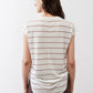 Back of striped T-shirt in off-white with brown horizontal stripes, short sleeves.