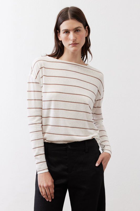 Striped long-sleeve top in off-white with tan horizontal lines, crew neck.