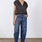Indigo barrel-leg jeans with relaxed long fit and cuffed hem, five-pocket design
