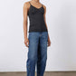 Indigo barrel-leg jeans with tapered barrel silhouette and cuffed hem, five pockets