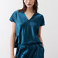 Deep teal V-neck short-sleeve top with draped neckline