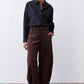 Chocolate-plum corduroy barrel pants, loose fit with front pleats and side pockets
