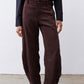 Chocolate-plum corduroy barrel pants detail, relaxed straight leg and front seam