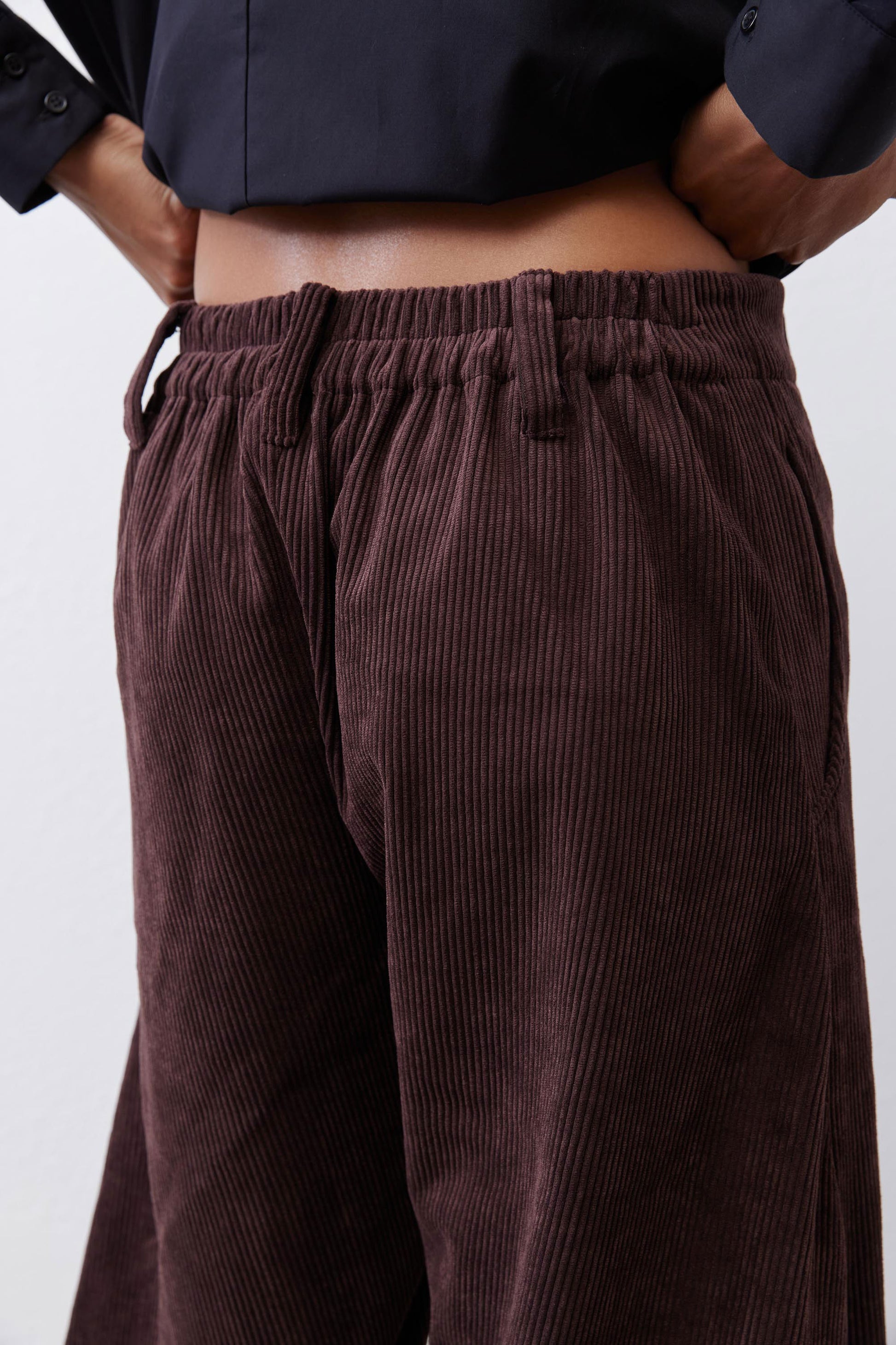 Chocolate-plum corduroy pants close-up, ribbed texture and gathered elastic waist